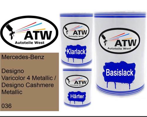 Mercedes-Benz, Designo Varicolor 4 Metallic / Designo Cashmere Metallic, 036: 500ml Lackdose + 500ml Klarlack + 250ml Härter - Set, von ATW Autoteile West.